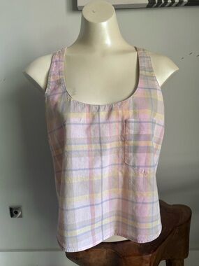 Vintage 80’s Tomboy LeSport Cotton Pink & Pastels Plaid Cottagecore Tank Top M/L